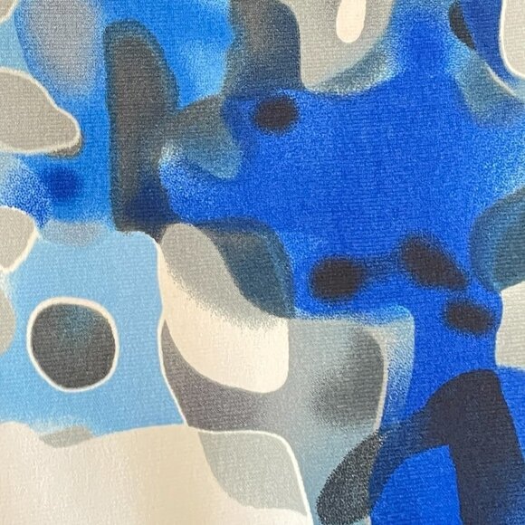 Kathy Roberts Wrap Midi Dress Blue Grey Black Abstract Geometric Cap Sleeve 10 - Picture 3 of 7